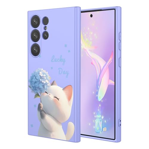YUEQIAN Flüssig Silikon Hülle für Samsung Galaxy S25 Ultra, Ultradünn Weich Liquid TPU Stoßfest Schutzhülle, Blumen Cartoon Mädchen Muster Mikrofaserfutter Handyhülle. Katze von YUEQIAN
