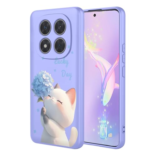 YUEQIAN Flüssig Silikon Hülle für Xiaomi Redmi Note 14 Pro 5G/Poco X7 5G, Ultradünn Weich Liquid TPU Stoßfest Schutzhülle, Blumen Cartoon Mädchen Muster Mikrofaserfutter Handyhülle. Katze von YUEQIAN