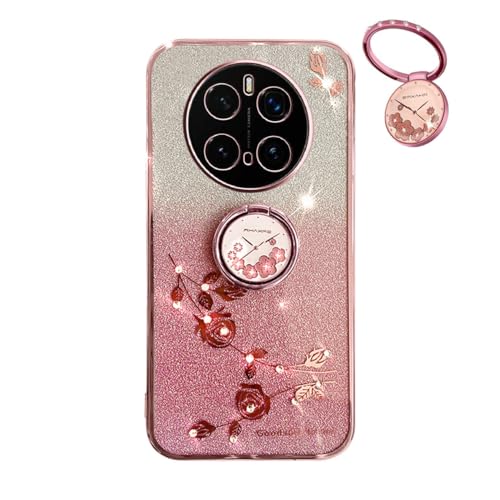 YUEQIAN Glitzer Hülle für Honor Magic 7 Pro (Magic7 Pro), Ultra Dünn Transparent Weich TPU Silikon Stoßfest Handyhülle, Glänzende Diamant Blumen Ring Ständer Frauen Schutzhülle. Rosa von YUEQIAN