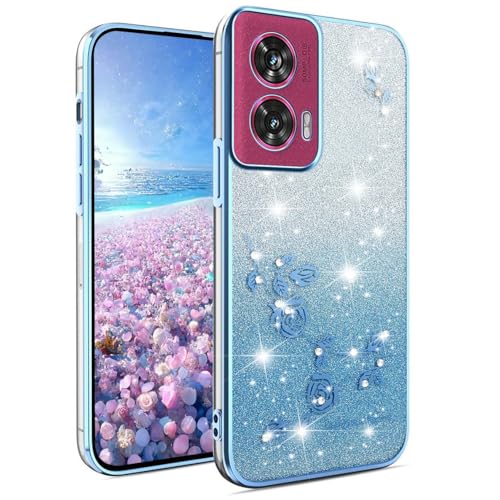 YUEQIAN Glitzer Hülle für Motorola Edge 50 Fusion, Ultra Dünn Transparent Weich TPU Silikon Stoßfest Handyhülle, Glänzende Diamant Blumen Frauen Mädchen Schutzhülle. Blau von YUEQIAN