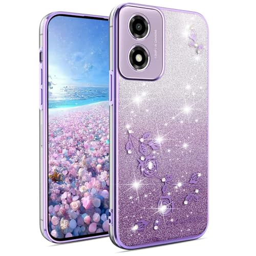 YUEQIAN Glitzer Hülle für Motorola Moto E14/Moto G24/Moto G24 Power/Moto G04/Moto G04S, Ultra Dünn Transparent Weich TPU Silikon Stoßfest Handyhülle, Glänzende Diamant Blumen Frauen Schutzhülle. Lila von YUEQIAN
