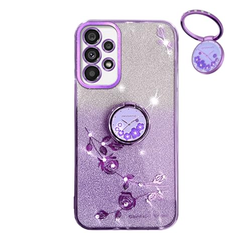 YUEQIAN Glitzer Hülle für Samsung Galaxy A52s 5G/Samsung Galaxy A52, Ultra Dünn Glitzernd Bling Frauen/Mädchen Stoßfest Handyhülle, mit Glänzende Diamant Blumen Ring Ständer Schutzhülle. Lila von YUEQIAN