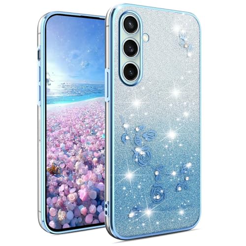 YUEQIAN Glitzer Hülle für Samsung Galaxy A55 5G, Ultra Dünn Transparent Weich TPU Silikon Stoßfest Handyhülle, Glänzende Diamant Blumen Frauen Mädchen Schutzhülle. Blau von YUEQIAN