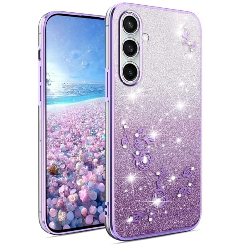 YUEQIAN Glitzer Hülle für Samsung Galaxy A55 5G, Ultra Dünn Transparent Weich TPU Silikon Stoßfest Handyhülle, Glänzende Diamant Blumen Frauen Mädchen Schutzhülle. Lila von YUEQIAN