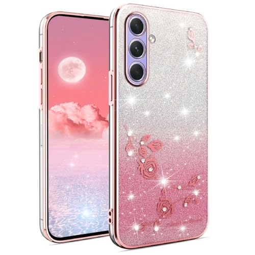 YUEQIAN Glitzer Hülle für Samsung Galaxy A56 5G, Ultra Dünn Transparent Weich TPU Silikon Stoßfest Handyhülle, Glänzende Diamant Blumen Frauen Mädchen Schutzhülle. Rosa von YUEQIAN