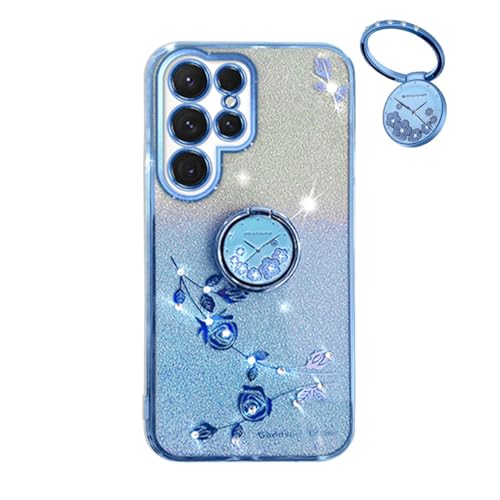 YUEQIAN Glitzer Hülle für Samsung Galaxy S25 Ultra, Ultra Dünn Transparent Weich TPU Silikon Stoßfest Handyhülle, Glänzende Diamant Blumen Ring Ständer Frauen Schutzhülle. Blau von YUEQIAN