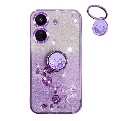 YUEQIAN Glitzer Hülle für Xiaomi Redmi 13C 4G / Xiaomi Poco C65, Ultra Dünn Glitzernd Bling Frauen/Mädchen Stoßfest Handyhülle, mit Glänzende Diamant Blumen Ring Ständer Schutzhülle. Lila von YUEQIAN