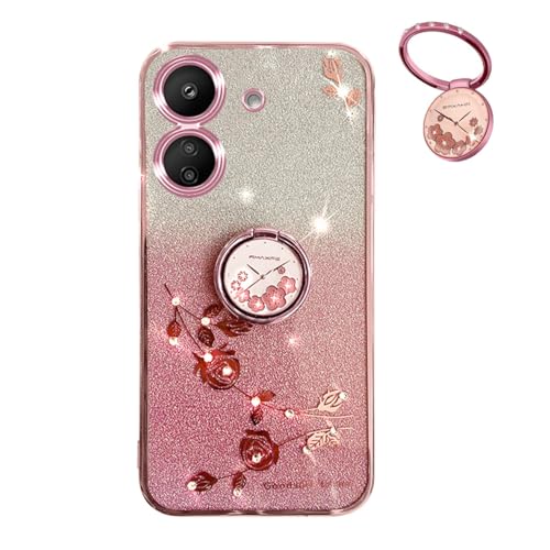 YUEQIAN Glitzer Hülle für Xiaomi Redmi 13C 4G / Xiaomi Poco C65, Ultra Dünn Glitzernd Bling Frauen/Mädchen Stoßfest Handyhülle, mit Glänzende Diamant Blumen Ring Ständer Schutzhülle. Rosa von YUEQIAN