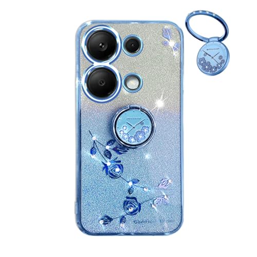 YUEQIAN Glitzer Hülle für Xiaomi Redmi Note 13 4G, Ultra Dünn Glitzernd Bling Frauen/Mädchen Stoßfest Handyhülle, mit Glänzende Diamant Blumen Ring Ständer Schutzhülle. Blau von YUEQIAN