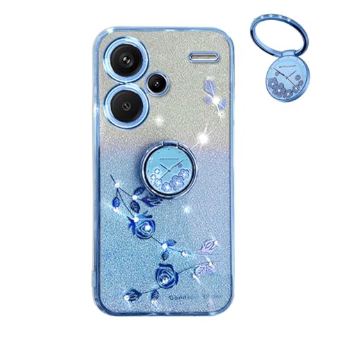 YUEQIAN Glitzer Hülle für Xiaomi Redmi Note 13 Pro+ Plus 5G, Ultra Dünn Glitzernd Bling Frauen/Mädchen Stoßfest Handyhülle, mit Glänzende Diamant Blumen Ring Ständer Schutzhülle. Blau von YUEQIAN