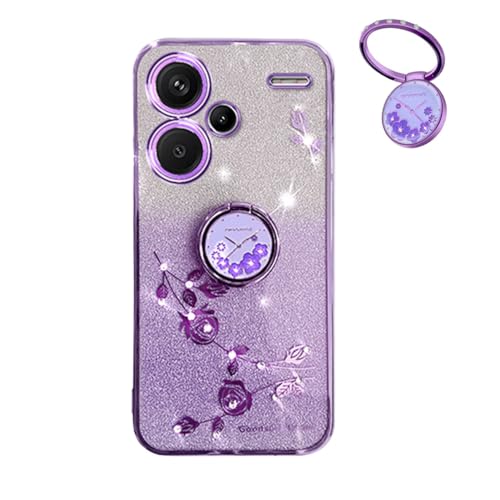 YUEQIAN Glitzer Hülle für Xiaomi Redmi Note 13 Pro+ Plus 5G, Ultra Dünn Glitzernd Bling Frauen/Mädchen Stoßfest Handyhülle, mit Glänzende Diamant Blumen Ring Ständer Schutzhülle. Lila von YUEQIAN