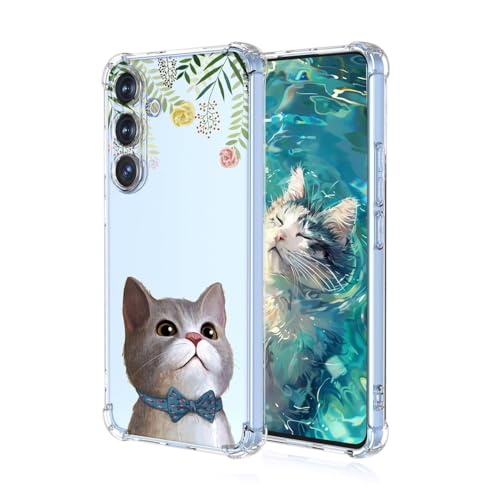 YUEQIAN Hülle für Samsung Galaxy A56 5G, Bunte Hübsch Blumen Cartoon Muster Clear Handyhülle, Transparent Ultradünn Weich TPU Bumper Stoßfest Mädchen Schutzhülle (Katze) von YUEQIAN
