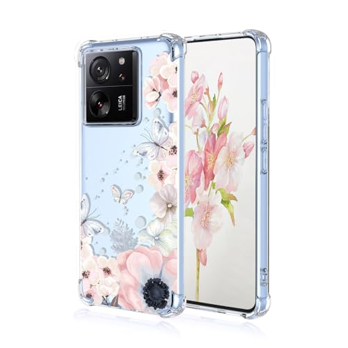 YUEQIAN Hülle für Xiaomi 13T Pro 5G / Xiaomi 13T 5G, Bunte Hübsch Blumen Cartoon Muster Clear Handyhülle, Transparent Ultradünn Weich TPU Bumper Stoßfest Mädchen Schutzhülle (Sakura) von YUEQIAN