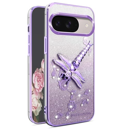 YUEQIAN Transparent Glitzer Hülle für Google Pixel 9 / Google Pixel 9 Pro, Ultradünn Glitzernd Bling TPU Stoßfest Handyhülle, Glänzende Blumen Libelle Ständer Mädchen Schutzhülle. Lila von YUEQIAN