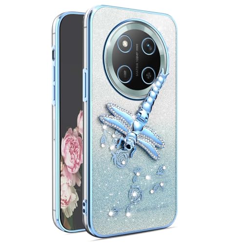 YUEQIAN Transparent Glitzer Hülle für Honor Magic 7 Lite 5G (Magic7 Lite)/X9c, Ultradünn Glitzernd Bling TPU Stoßfest Handyhülle, Glänzende Blumen Libelle Ständer Mädchen Schutzhülle. Blau von YUEQIAN
