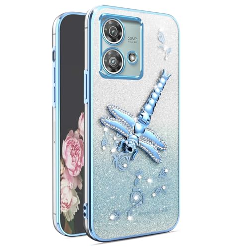 YUEQIAN Transparent Glitzer Hülle für Motorola Moto G84 5G, Ultradünn Glitzernd Bling TPU Stoßfest Handyhülle, Glänzende Blumen Libelle Ständer Mädchen Schutzhülle. Blau von YUEQIAN