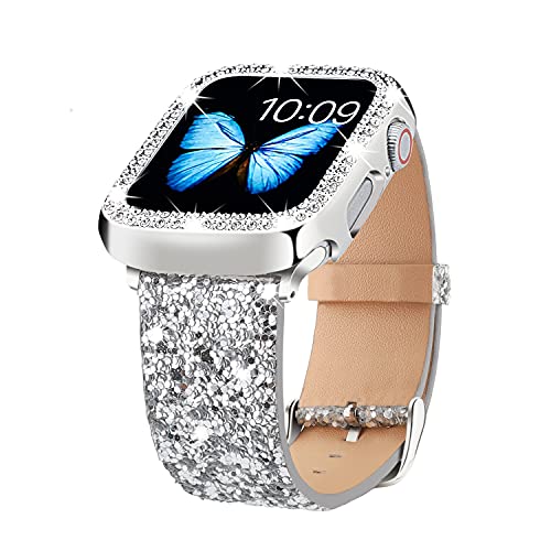 YUESUO Bling Bands kompatibel mit Apple Watch Armband 38 mm 40 mm 41 mm 42 mm 44 mm 45 mm + Hülle, Glitzer-Lederband mit Glitzer-Diamant-Schutzhülle für Serie 7 6 5 4 3 2 1 SE (Silber, 41 mm) von YUESUO