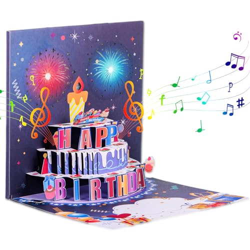 Geburtstagskarte Pop Up 3d Geburtstagskarte mit Musik und Led Licht Kerze Happy Birthday Karte mit Geburtstagskuchen Feuerwerk Sterne Singende Geburtstagskarte für Frauen Männer Mutter Ehemann Kinder von YUFFQOPC
