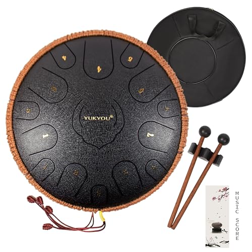 YUKYOU 15 Tone 14 Zoll 35cm D-Dur 2024 Zungentrommel Schlagzeug, Trommel Schlagzeug Instrument Steel Tongue Drum Stahl Zunge Trommel HandPan mit Trommelschlegel, Tragetasche, Fingerabdeckung von 癒響YUKYOU