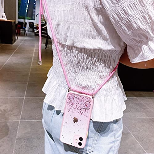 YUMESS Hang Neck Strap Lanyard Glitter Clear Case für iPhone 13 11 Pro Max 12 Mini XS X XR 6 6S 8 7 Plus SE 2 Pailletten Candy Color Cover, Pink, für iPhone SE 2020 von YUMESS