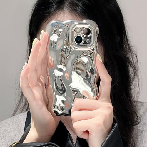 YUMESS Wellige 3D-Meteoriten-Texturbeschichtung, Silberne Handyhülle für iPhone 11 12 13 14 Pro Max, vollständige Kameralinsen-Schutzhüllen, silberfarben, für iPhone 14 Pro von YUMESS