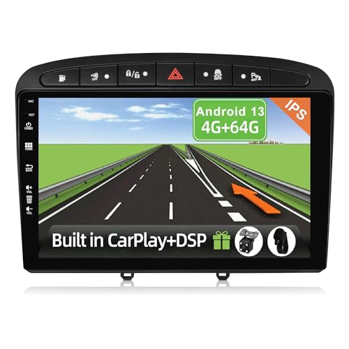 YUNTX Android 13 Autoradio für Peugeot 308 (2007-2013)-4G+64G-[Eingebautes CarPlay/Android Auto/DSP/GPS] -Kostenlose 4-LED Kamera&MIC-Unterstützung DAB/Lenkradkontrolle/MirrorLink/360 Camera von YUN
