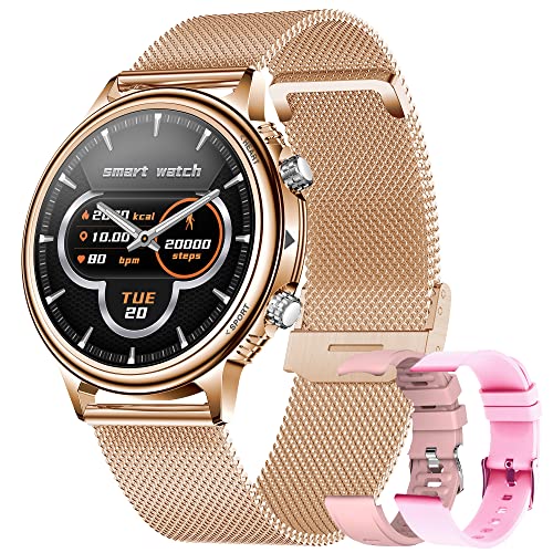 YUNFUN Smartwatch Damen, 360 * 1,32 Zoll Full-Touchscreen mit Bluetooth-Anruf, Schrittzähler Smart Watch Blutdruck-, Blutsauerstoff- und Pulsmesser für Android IOS (Gold), Goud von YUNFUN