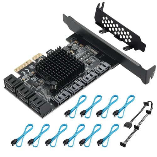 PCIE 4X SATA Karte 10 Ports, mit 10 SATA Kabel und Low Profile Halterung, PCIE zu SATA 3.0 6 Gbps Controller, PCIE zu SATA Erweiterungskarte, SATA Controller, SATA PCIE Karte, ASM1166+JMB75 Chips von YUNKOZAND