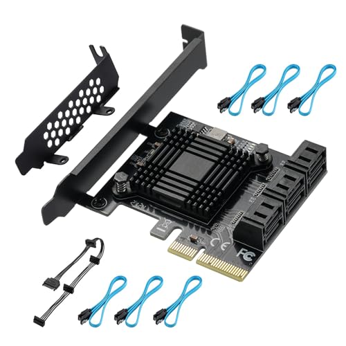 PCIE 4X SATA Karte 6 Ports, mit 6 SATA Kabel und Low Profile Halterung, PCIE zu SATA 3.0 6 Gbps Controller, PCIE zu SATA Erweiterungskarte, SATA Controller, SATA PCIE Karte, ASM1166 Chip von YUNKOZAND