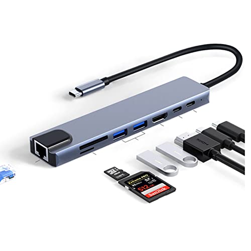 USB C Hub 8-Port, Type-C Hub auf HDMI 4K@30Hz USB 3.0/2.0 Port und USB-C Port, Ethernet, PD100W Ladeanschluss, SD/TF Kartenleser, kompatibel mit USB C Laptop und Anderen Typ-C Geräten von YUNKOZAND