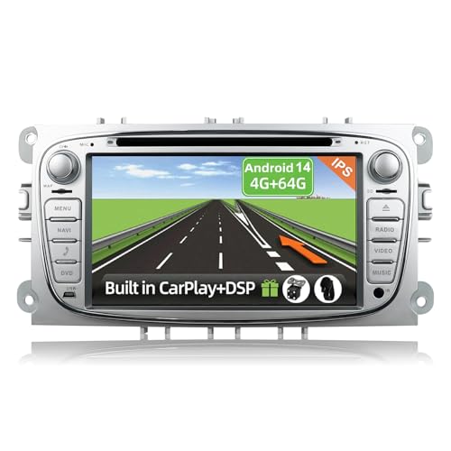 YUNTX [4GB+64GB] Android 14 Autoradio für Ford Focus/Mondeo/Galaxy/S-max-2 Din-[Integriertes Wireless CarPlay/Android Auto/DSP/GPS]-IPS+Kamera+MIC-DAB/Lenkradsteuerung/360 Kamera/MirrorLink/WiFi/USB von YUNTX