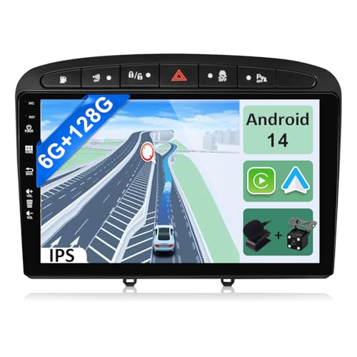YUNTX [6GB+128GB] Android 14 Autoradio für Peugeot 308 (2007-2013)-[Integriertes CarPlay/Android Auto/DSP/GPS]-9”IPS 2.5D-Kamera+MIC-DAB/Lenkradsteuerung/Mirror Link/Bluetooth 5.0/360 Kamera/WiFi von YUNTX