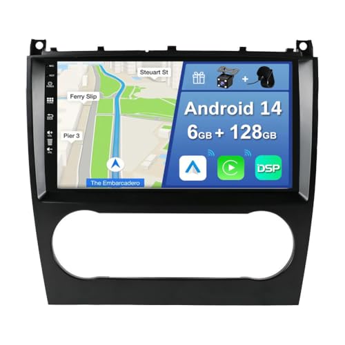 YUNTX [6GB+128GB] Android 14 Autoradio per Benz C-Class W203 W209 C180 C200 CL203 C209 (2004-2007)-[Incorporato Carplay/Android Auto/DSP/GPS]-9" IPS 2.5D Touch Screen-CAM+MIC-DAB/Mirror Link von YUNTX