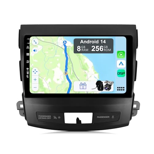 YUNTX [8GB+256GB] Android 13 Autoradio für Mitsubishi Outlander/Peugeot 4007/Citroen C-Crosser-[Integriertes CarPlay/Android Auto/DSP/GPS]-9”IPS 2.5D-Kamera+MIC-DAB/Mirror Link/Bluetooth 5.0 von YUNTX