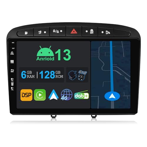 YUNTX 9 Zoll Android 13 Autoradio mit Navi Für Peugeot 308 2007-2013 | Octa Core | 6GB 128GB | Eingebaut 4G LTE | CarPlay & Android Auto | DSP | DAB | HDMI | Dual Band WiFi | Bluetooth 5.0 | GPS von YUNTX