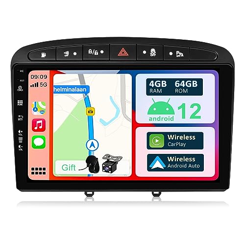 YUNTX Android 12 Autoradio Octa Core 4GB+64GB mit CarPlay Android Auto DSP Kamera-9 Zoll IPS Touchscreen-Unterstützung DAB AHD Kamera GPS WiFi Bluetooth Mirror Link Für Peugeot 308 (2007-2013) von YUNTX