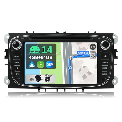 YUNTX Android 14 Autoradio Passt für Ford Mondeo/S-max/Focus/C-max/Connect - [4G+64G] - mit Rückenkamera - GPS 2 Din - Unterstützt DVD/DAB+ / Lenkradsteuerung/WiFi/Bluetooth/Carplay von YUNTX
