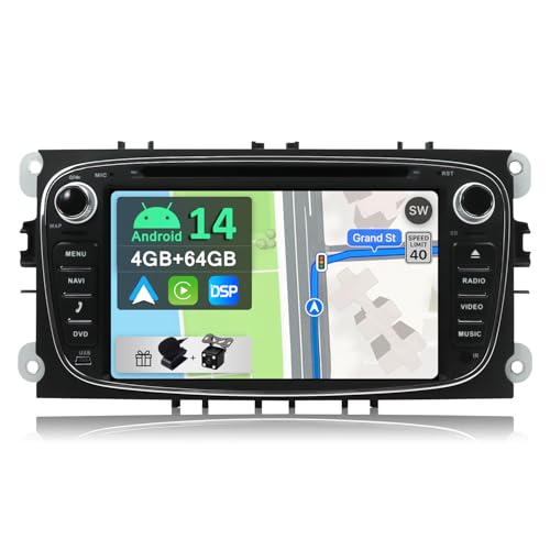 YUNTX Android 12 Autoradio Passt für Ford Mondeo/S-max/Focus/C-max/Connect - [4G+64G] - KOSTENLOSE Rückenkamera - GPS 2 Din - Unterstützt DVD/DAB+ / Lenkradsteuerung/WiFi/Bluetooth/Carplay von YUNTX