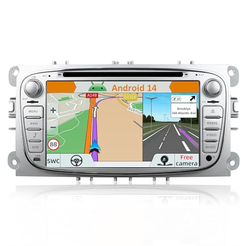 YUNTX Android 14 Autoradio für Ford Focus/Mondeo/S-Max/Connect (2008-2011) Radio mit GPS Navi-CarPlay/Android Auto/Bluetooth 5.0/DAB/USB/WiFi/4G/Mirrorlink-mit Kamera+Canbus+MIC-2 Din IPS 7 Zoll von YUNTX
