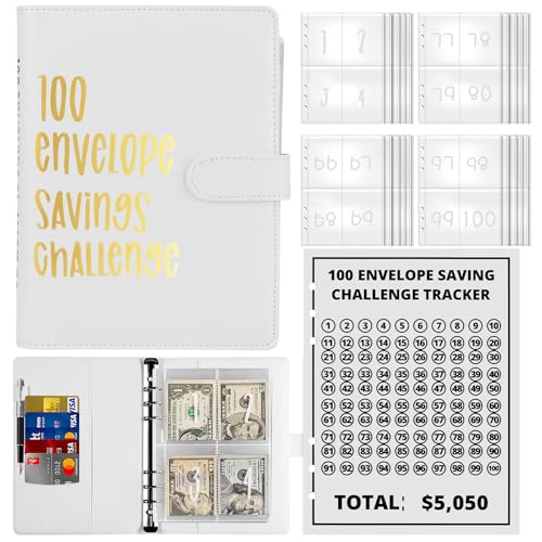 Geld Sparen Challenge 100 Umschläge Geld sparen Herausforderung Binder A5 Geldsparung Geldordner Organizer Geldsparmappe Familien-Spar-Challenge mit 25 Bargeld-Umschläge 1 Markierungskarten (Weiß) von YUNYODA