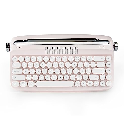 YUNZII aktualisierte kabellose Schreibmaschine Vintage-Tastatur mit integrierter Halterung, USB-C/Bluetooth-Tastatur mit runder Tastenkappe, Multi-Gerät für Win/Mac (B307, Hellrosa) von YUNZII