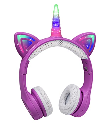 Bluetooth Kinderkopfhörer, Hisonic Einhorn Bluetooth Kopfhörer Mädchen mit Bunte Lichter, eingebautes Mikrofon für Kinder ab 3 Jahre.(violett) von YUSONIC
