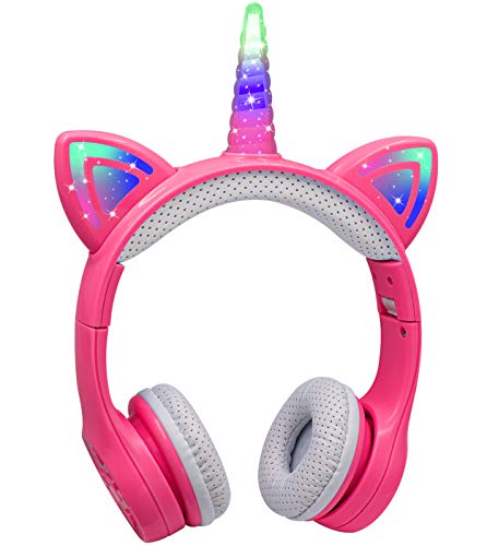 Unicorn Headphones Bluetooth, Yusonic Volume Limited Wireless Headphones with LED Light Up Cat Ear and Unicorn Horn, Built-in Microphone and Audio Sharing Port for iPhone/iPad/Laptop/TV. (Pink) von YUSONIC