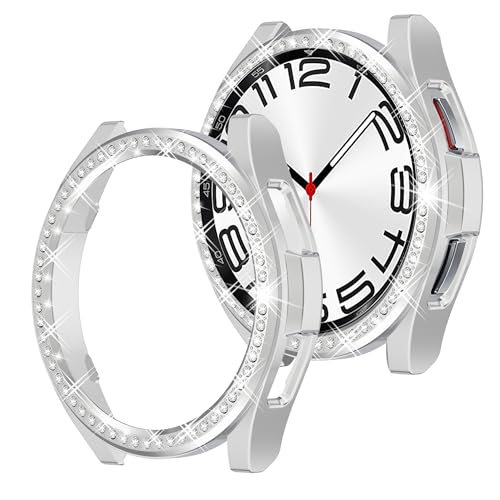 YUVIKE 2 in 1 Watch Schutzhülle für Samsung Galaxy Watch 6 Classic 43mm, PC Durable Bumper Cover Glitzer Strass Lünette Ring, Silber von YUVIKE