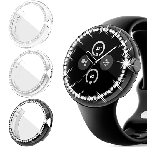 YUVIKE Bling TPU-Hülle, kompatibel mit Google Pixel Watch & Pixel Watch 2 (41 mm), flexibler Glitzer-Displayschutz, funkelnde Strasssteine, vollständige Schutzhülle für Pixel Watch (3 Farben) von YUVIKE