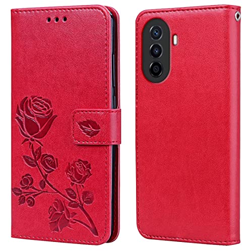 RankOne Leder Geldbörsen Hülle für Huawei Nova Y70 6.75", mit Kartenhalter Rose Pattern Design Cover Folio Flip Case - Rot von YUWEN