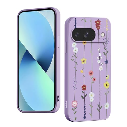 YUXING Silikon Hülle für Google Pixel 9, Mode Muster Niedlich Handyhülle, Stoßfest, rutschfest, Langlebige, Ultra Dünn Schutzhülle (Flower,Purple) von YUXING