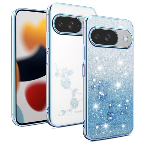 YUXING Transparente Glitzer Hülle für Google Pixel 9, Mädchen Frau Schlanke Flora Muster Bling HandyHülle, TPU Brillant Schutzhülle (Blue) von YUXING