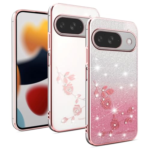 YUXING Transparente Glitzer Hülle für Google Pixel 9, Mädchen Frau Schlanke Flora Muster Bling HandyHülle, TPU Brillant Schutzhülle (Gold) von YUXING