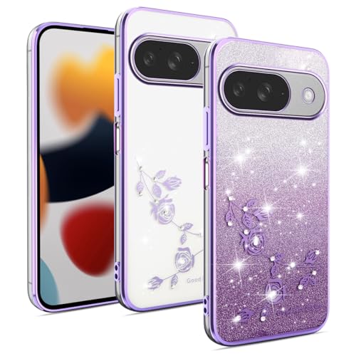 YUXING Transparente Glitzer Hülle für Google Pixel 9, Mädchen Frau Schlanke Flora Muster Bling HandyHülle, TPU Brillant Schutzhülle (Purple) von YUXING